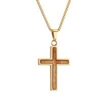 Load image into Gallery viewer, Gum Burl Cross Necklace - Yellow Gold - Tyalla - Woodsman Jewelry
