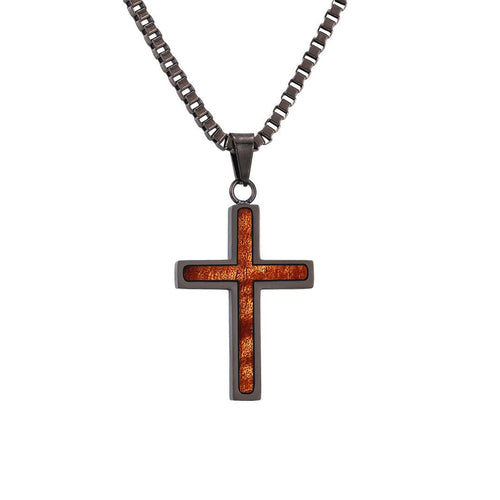 Hawaiian Koa Wood Cross Necklace - Gunmetal - Komo Koa - Woodsman Jewelry