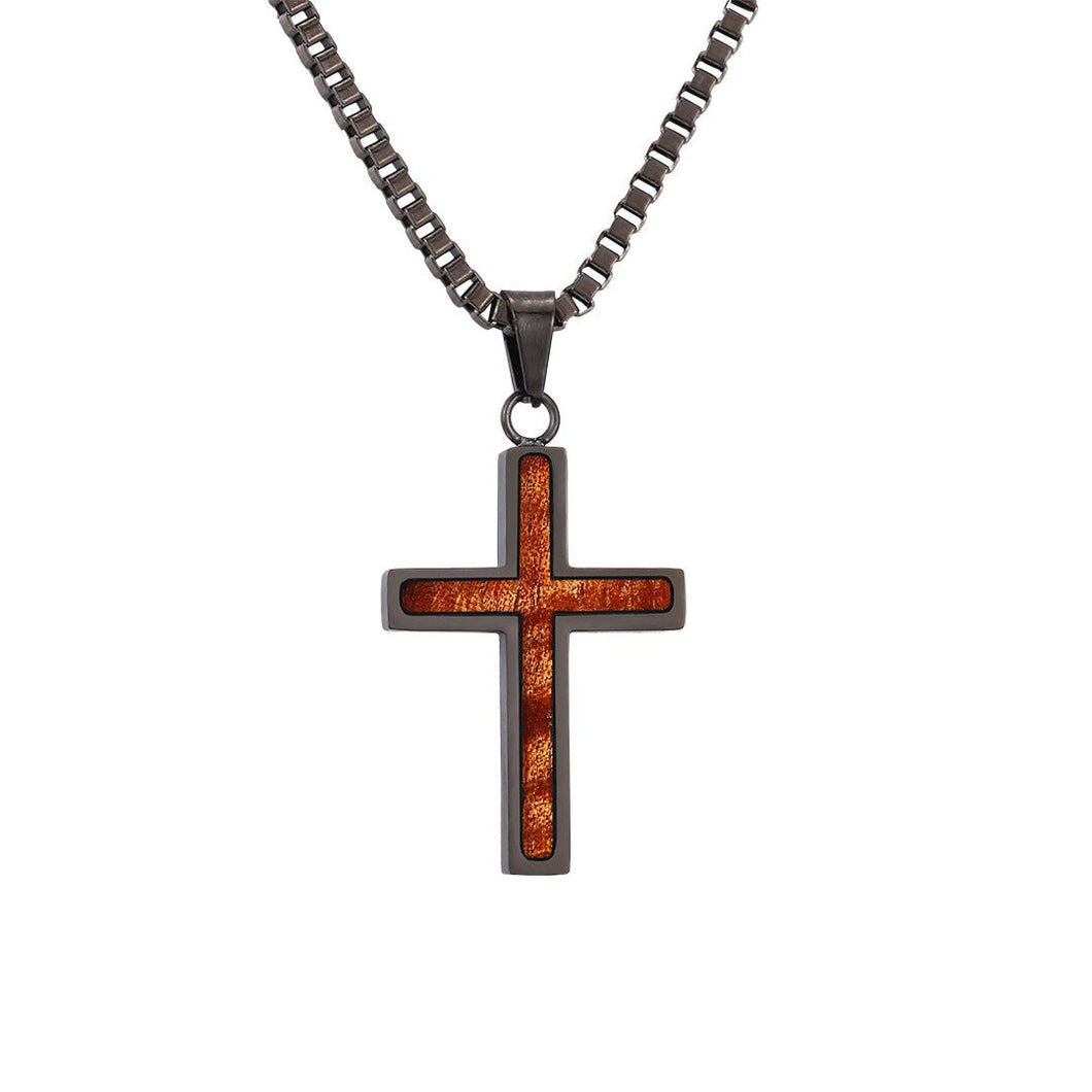 Hawaiian Koa Wood Cross Necklace - Gunmetal
