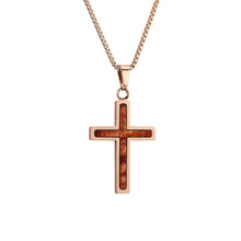 Load image into Gallery viewer, Hawaiian Koa Wood Cross Necklace - Rose Gold - Komo Koa - Woodsman Jewelry
