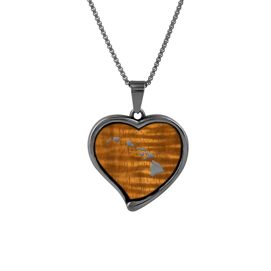 Hawaiian Koa Wood Heart Necklace - Gunmetal - Komo Koa - Woodsman Jewelry