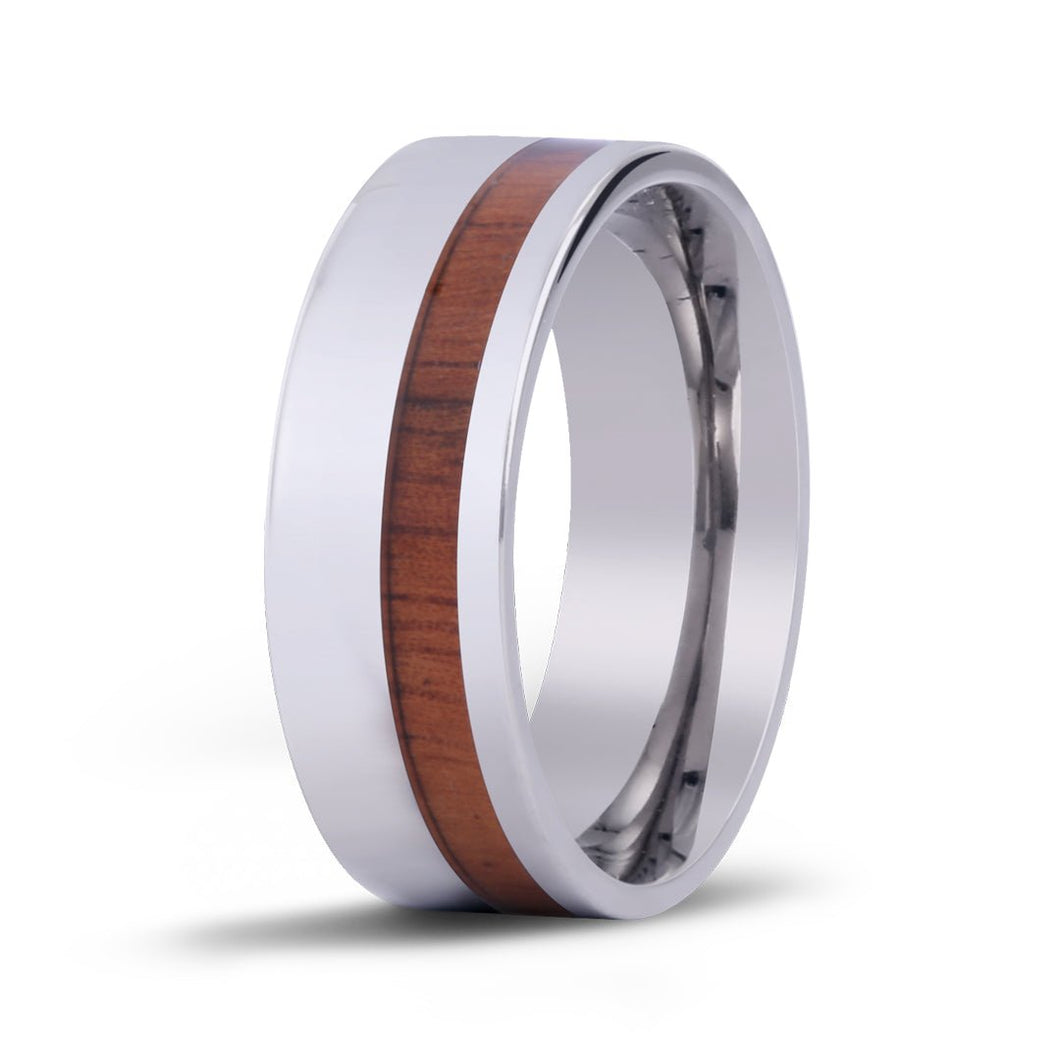 Hawaiian Koa Wood Offset Titanium Ring - Komo Koa - Woodsman Jewelry