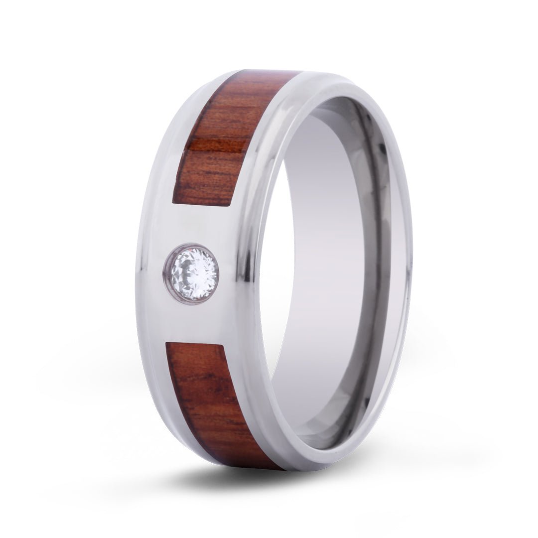 Hawaiian Koa Wood Stone w/ Diamond Titanium Ring Men's – Woodsman