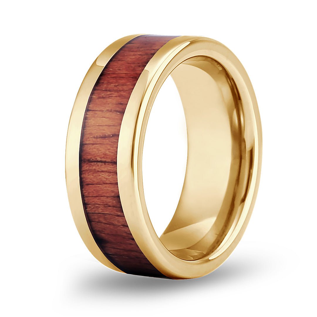 Gold Wood Ring Tungsten with Hawaiian Koa Wood Komo Koa