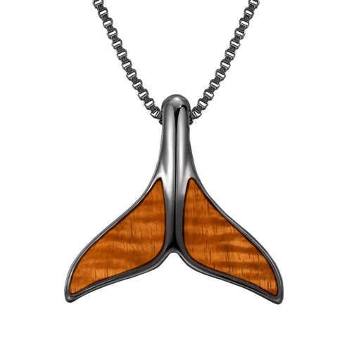 Hawaiian Koa Wood Whale Tail Necklace - Gunmetal - Komo Koa - Woodsman Jewelry