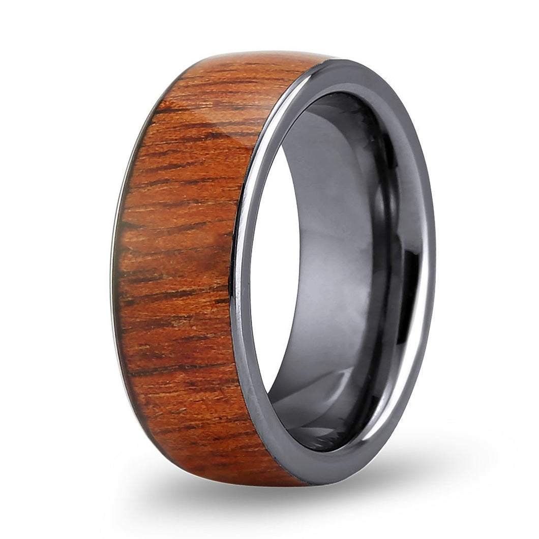 Hawaiian Koa Wood Wide Tungsten Ring - Gunmetal - Komo Koa - Woodsman Jewelry