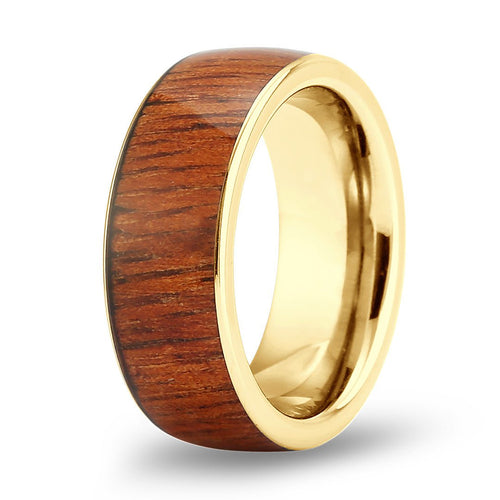 Hawaiian Koa Wood Wide Tungsten Ring - Yellow Gold - Komo Koa - Woodsman Jewelry
