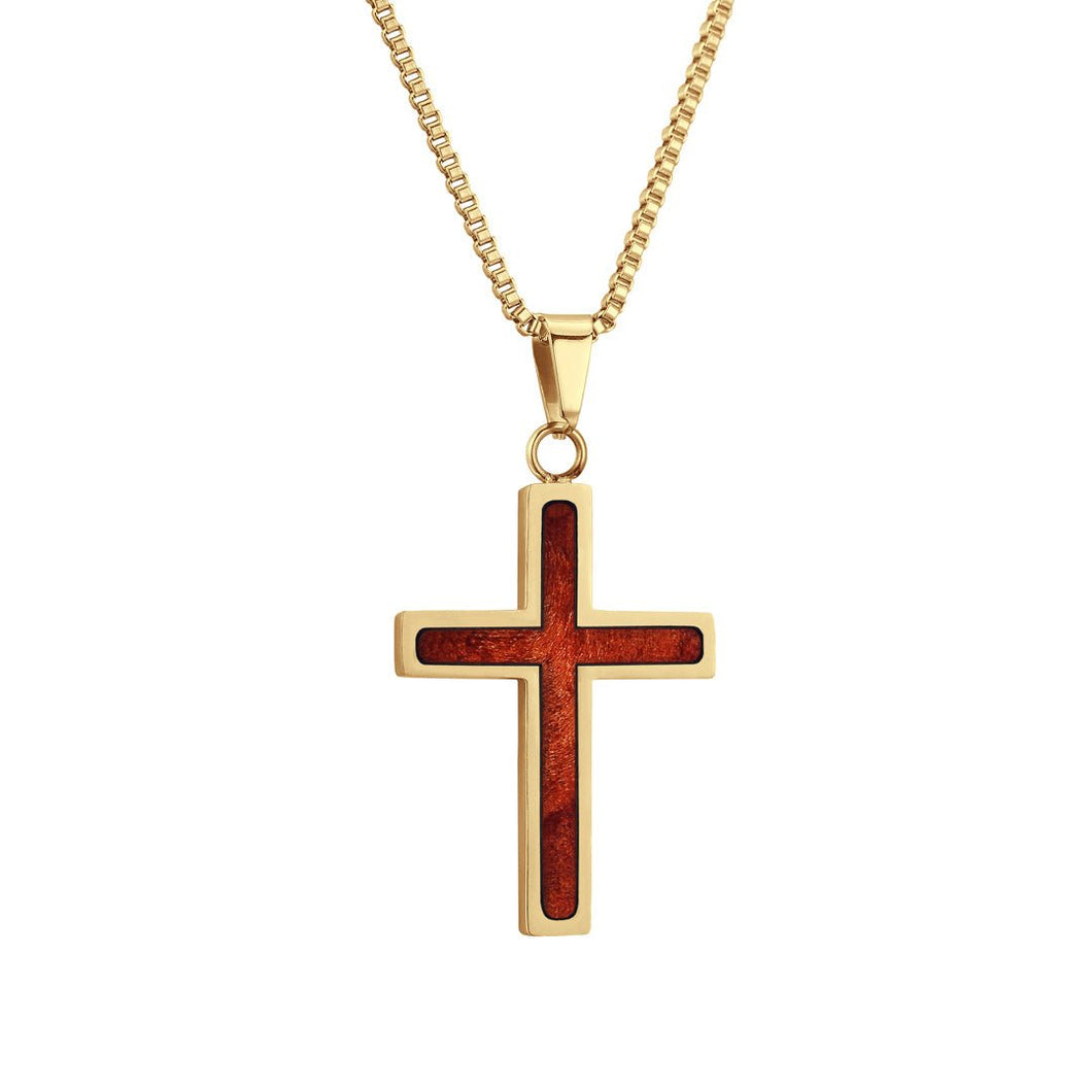 Redwood Cross Necklace - Yellow Gold - Sequoia - Woodsman Jewelry